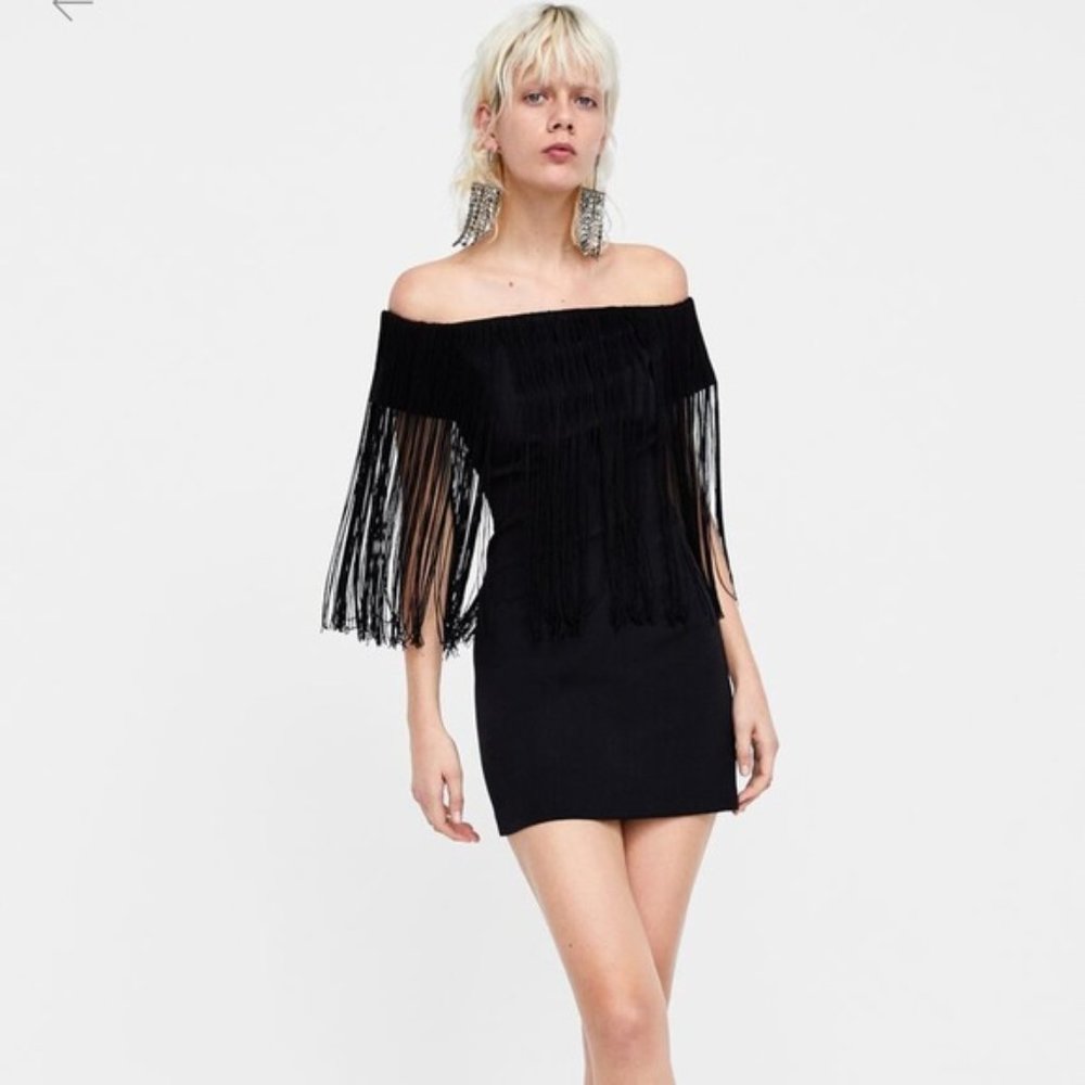 Zara Black Off the Shoulder Fringe Mini Dress